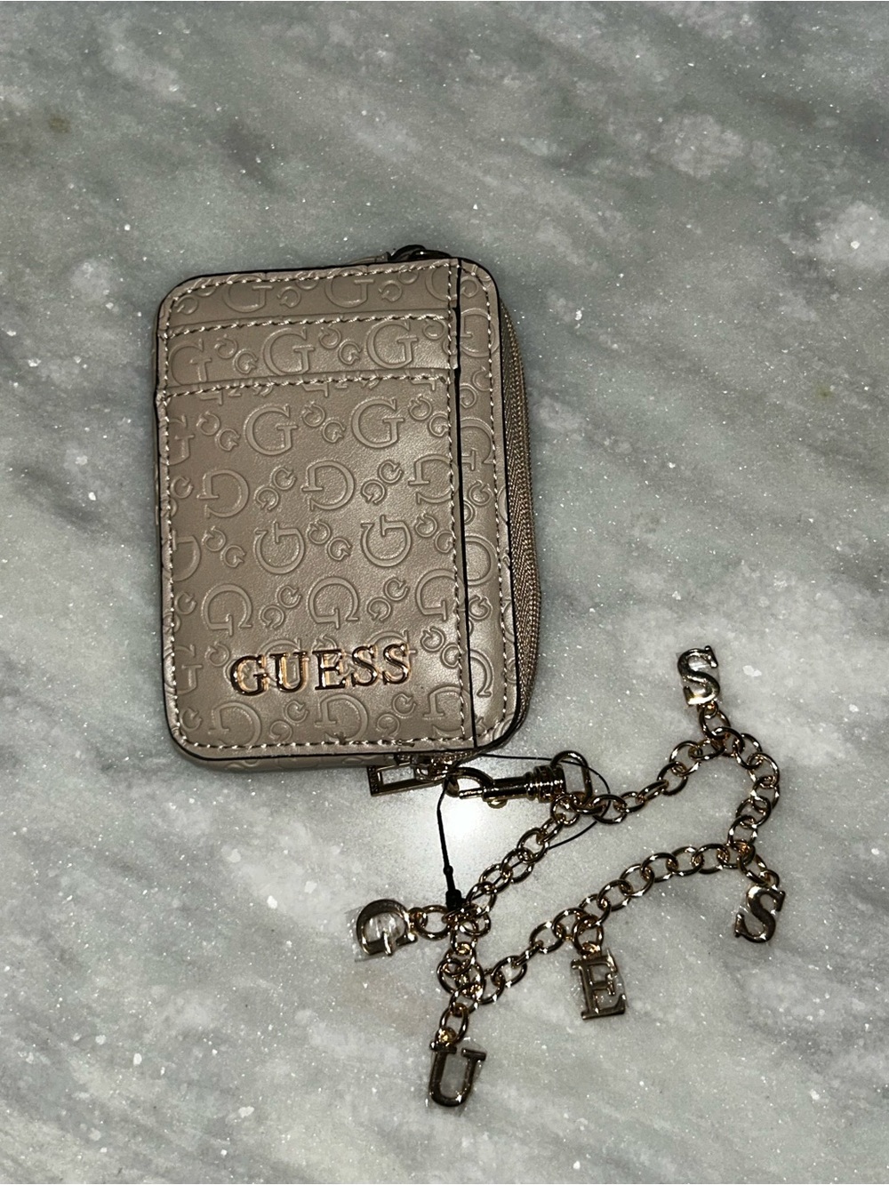 GUESS Taupe Logo Zip Cardholder w/ Mini Wallet Charm